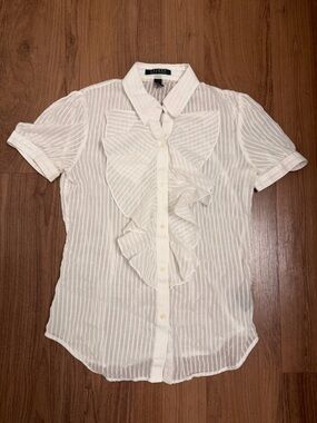 Ralph Lauren White Sheer Vertical-Stripe Ruffle Collar Shirt